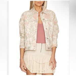 Free People Opal Swing Floral Printed Ivory Combo Denim Jacket Size Medium